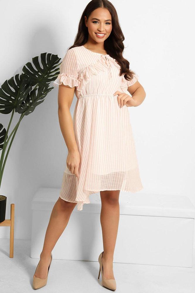 Pink Stripe White Chiffon Dress-SinglePrice