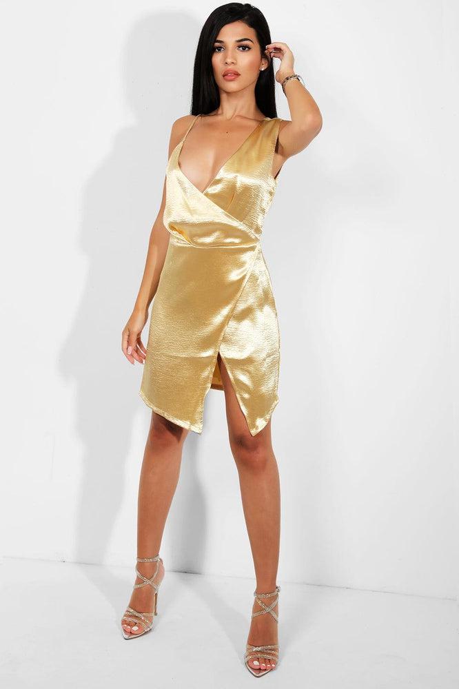 Gold Crushed Satin V-neck Wrap Mini Dress-SinglePrice