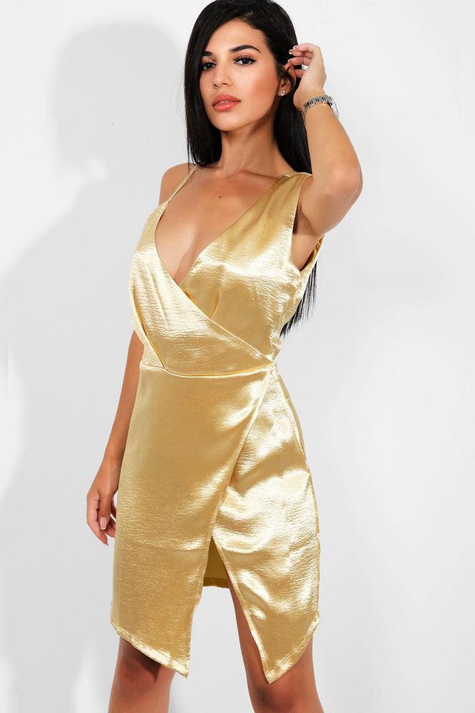 Gold Crushed Satin V-neck Wrap Mini Dress-SinglePrice