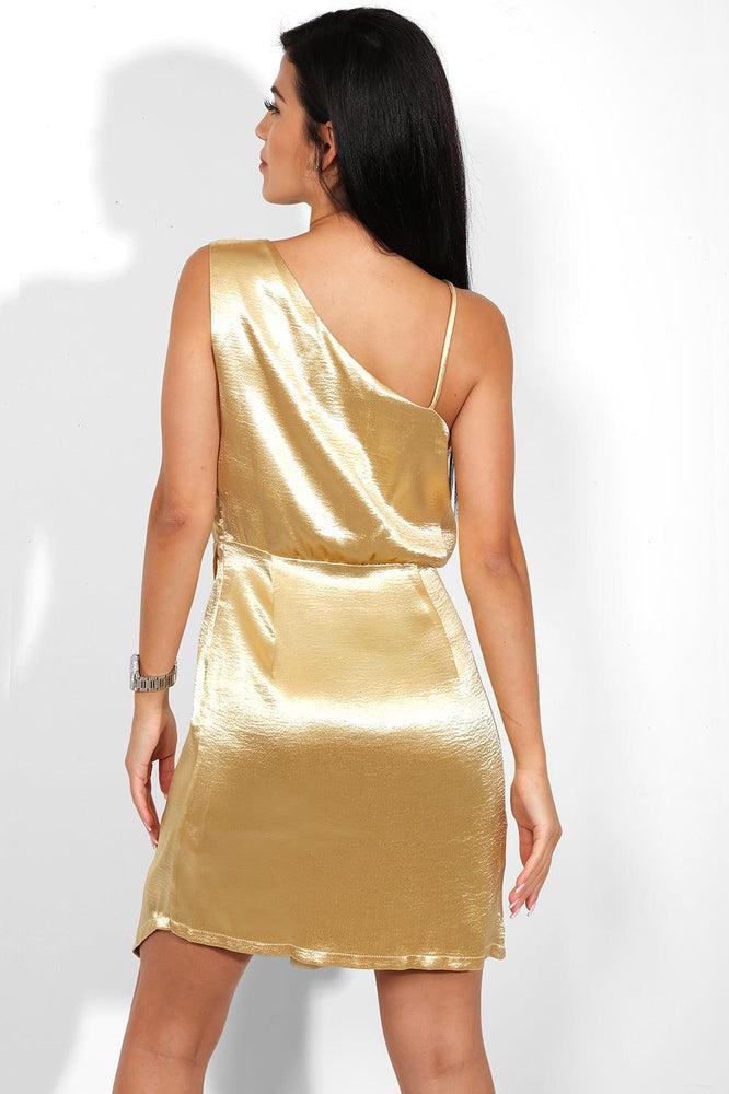 Gold Crushed Satin V-neck Wrap Mini Dress-SinglePrice