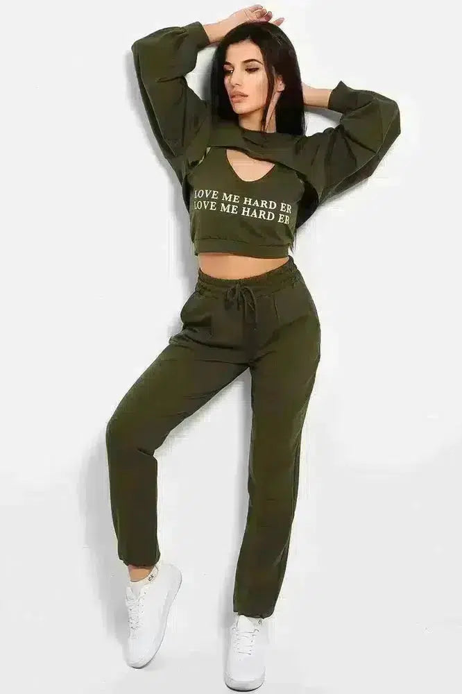 Khaki Love Me Harder Crop Top 3 Piece Tracksuit-SinglePrice