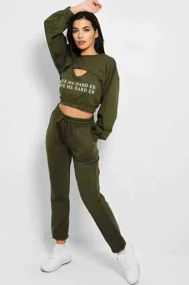 Khaki Love Me Harder Crop Top 3 Piece Tracksuit-SinglePrice