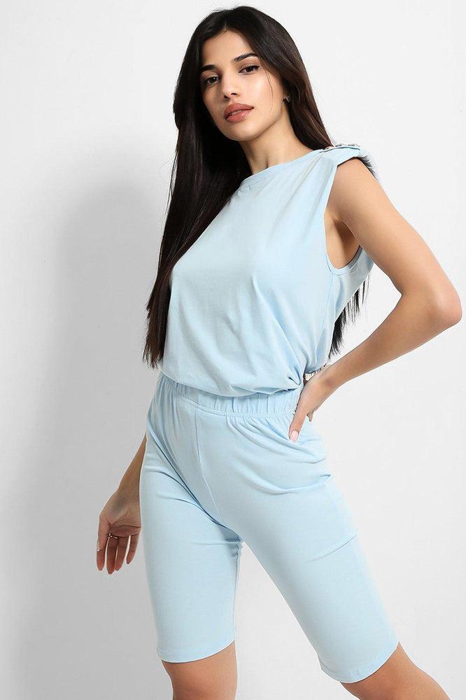 Blue Buttoned Power Shoulder Top And Cycling Shorts Set-SinglePrice