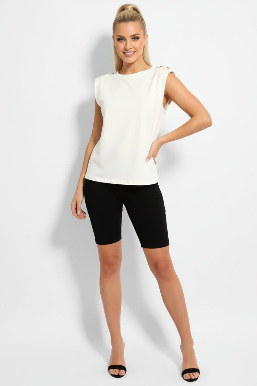 White Black Buttoned Power Shoulder Top And Cycling Shorts Set-SinglePrice