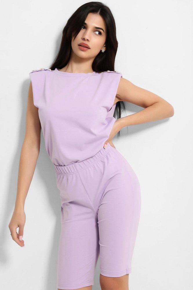 Lilac Buttoned Power Shoulder Top And Cycling Shorts Set-SinglePrice