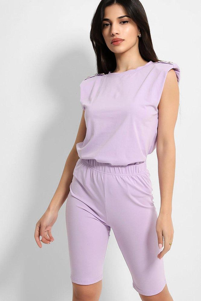 Lilac Buttoned Power Shoulder Top And Cycling Shorts Set-SinglePrice