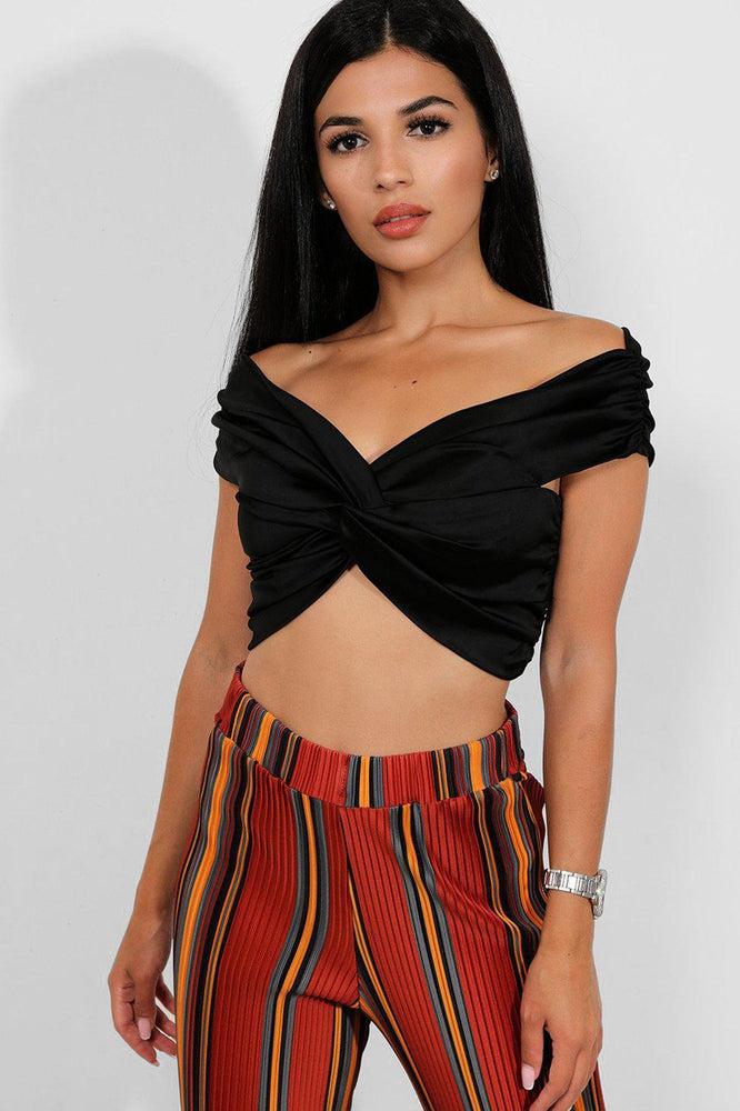 Black Ruched Satin Bardot Crop Top-SinglePrice