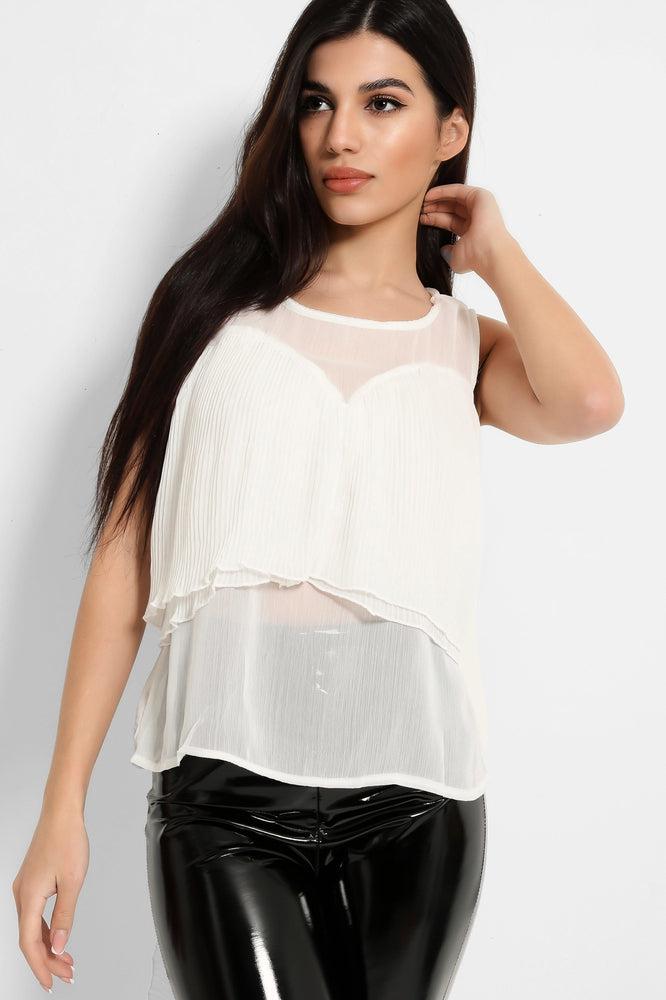 White Pleated Layered Drape Detail Top-SinglePrice