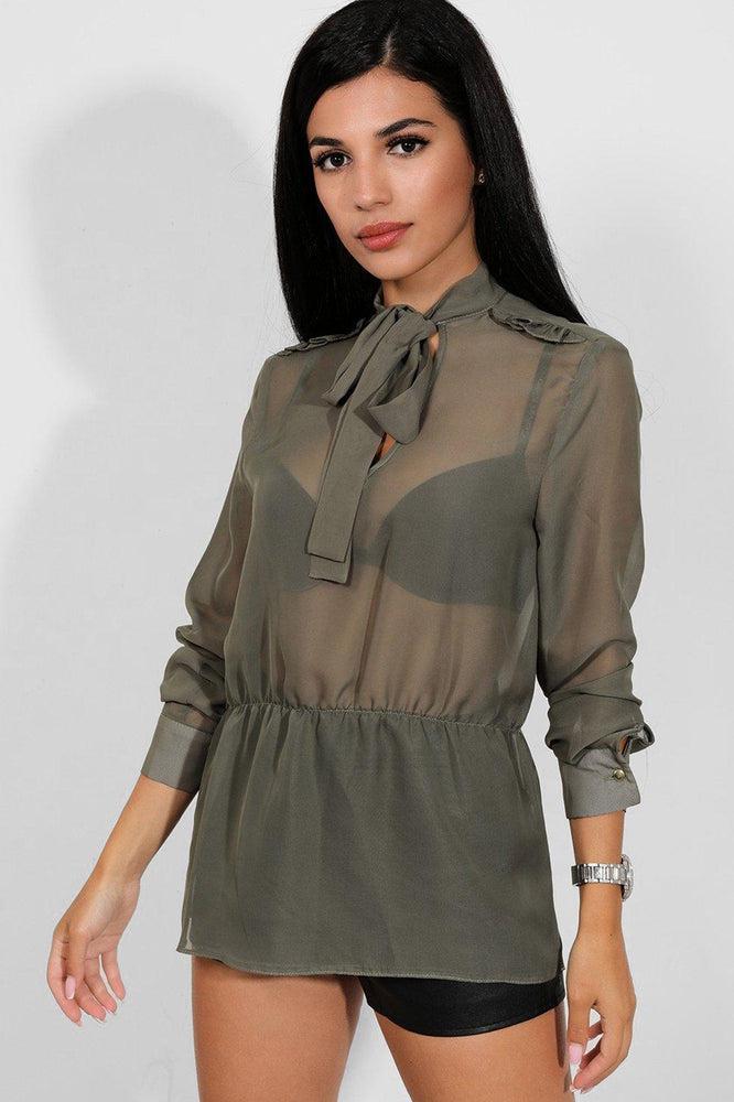 Khaki Frill Shoulder Details Pussybow Chiffon Blouse-SinglePrice