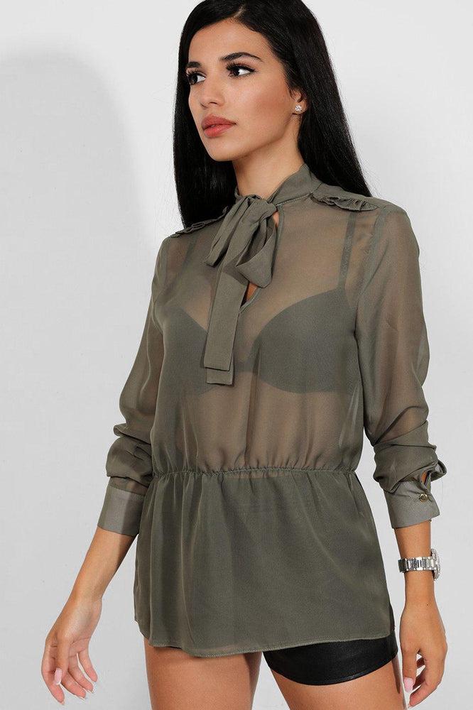 Khaki Frill Shoulder Details Pussybow Chiffon Blouse-SinglePrice