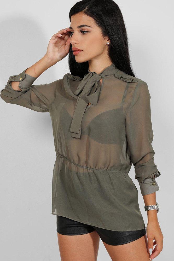 Khaki Frill Shoulder Details Pussybow Chiffon Blouse-SinglePrice