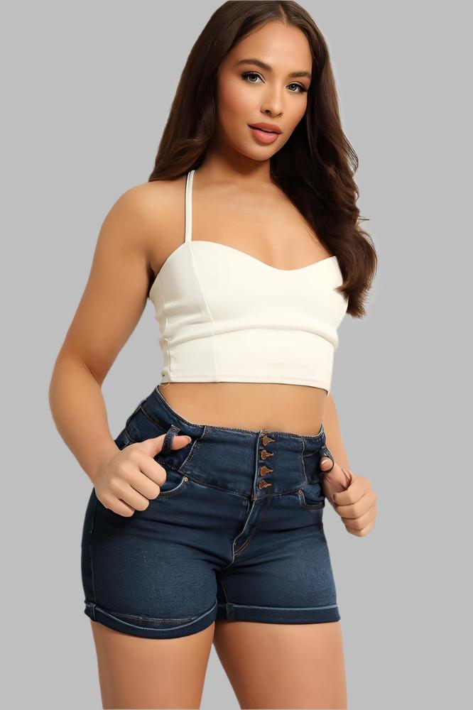 Buttoned Front Wide Waistband Denim Hotpants-SinglePrice