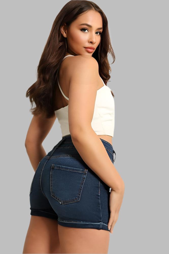 Buttoned Front Wide Waistband Denim Hotpants-SinglePrice