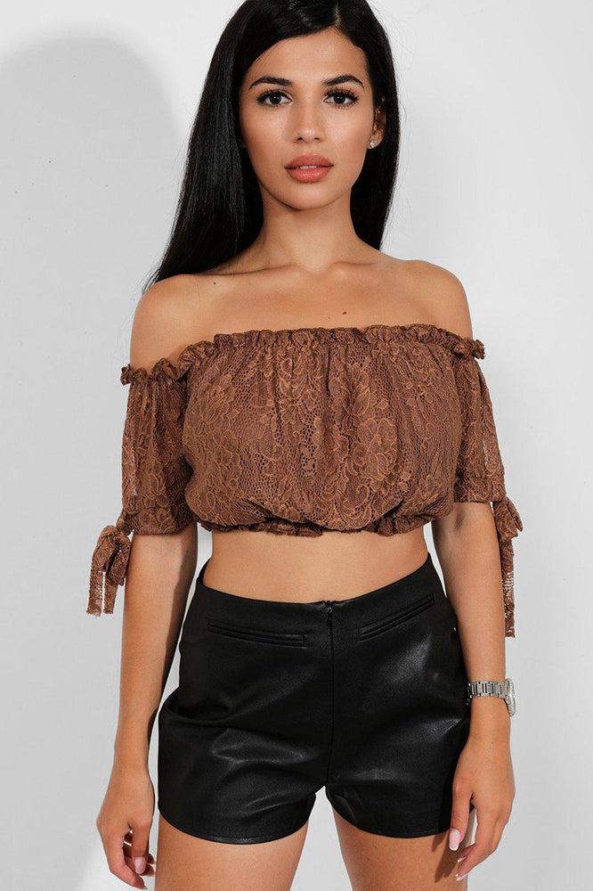 Brown Delicate Lace Bow Sleeves Bardot Crop Top-SinglePrice