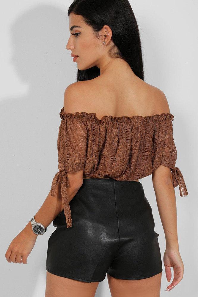 Brown Delicate Lace Bow Sleeves Bardot Crop Top-SinglePrice