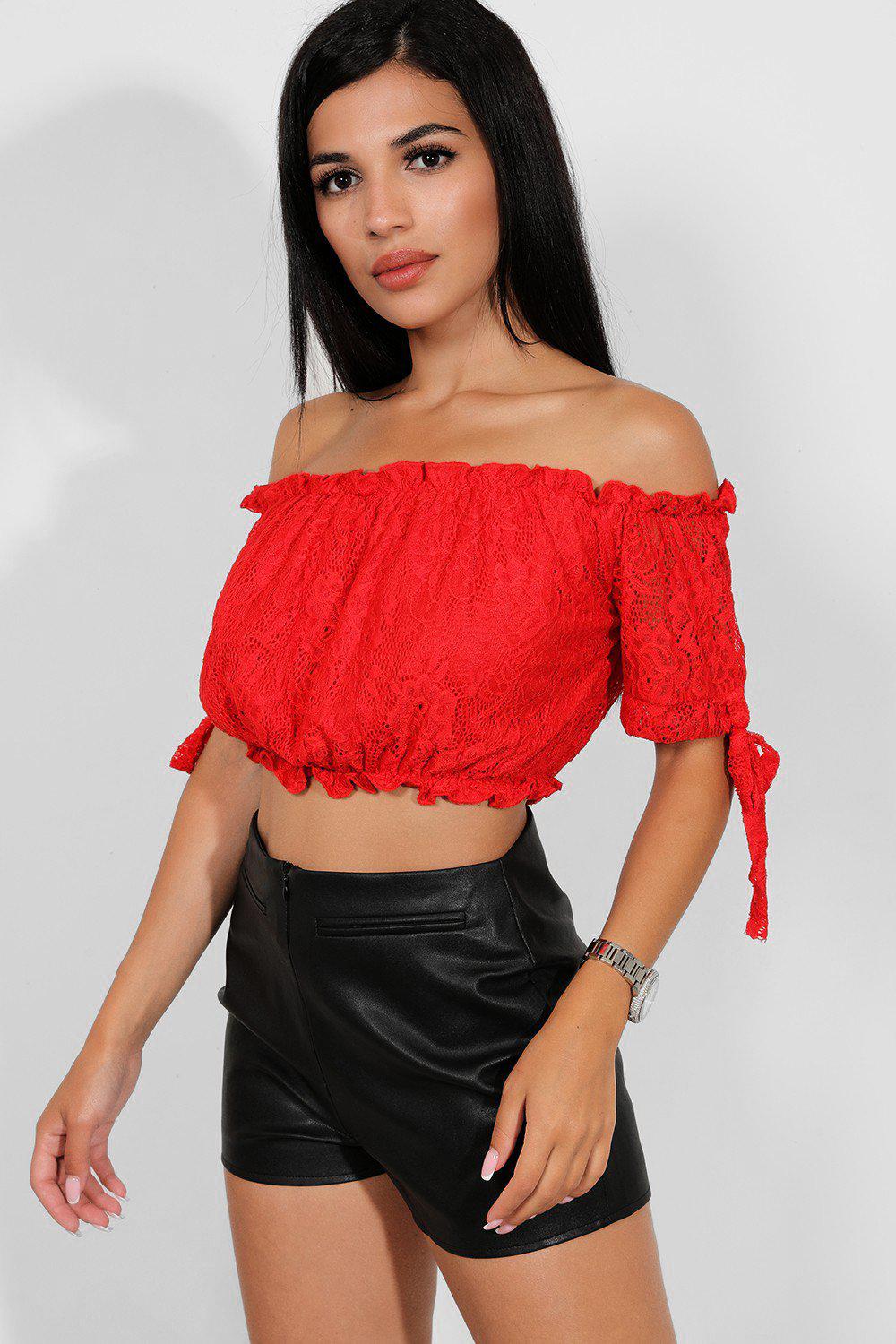 Delicate Lace Bow Sleeves Bardot Crop Top