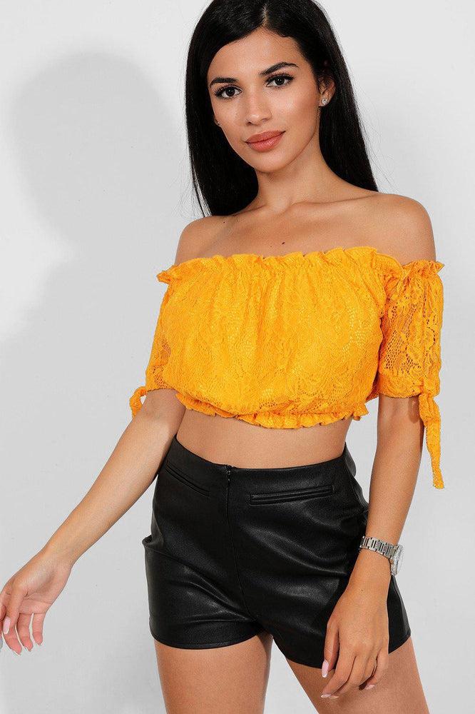 Mustard Delicate Lace Bow Sleeves Bardot Crop Top-SinglePrice