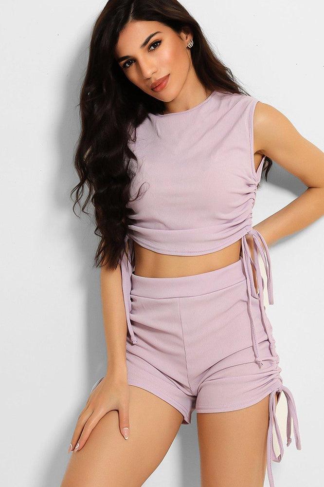 Lilac Ribbed Drawstring Ties Sleeveless Top And Shorts Set-SinglePrice