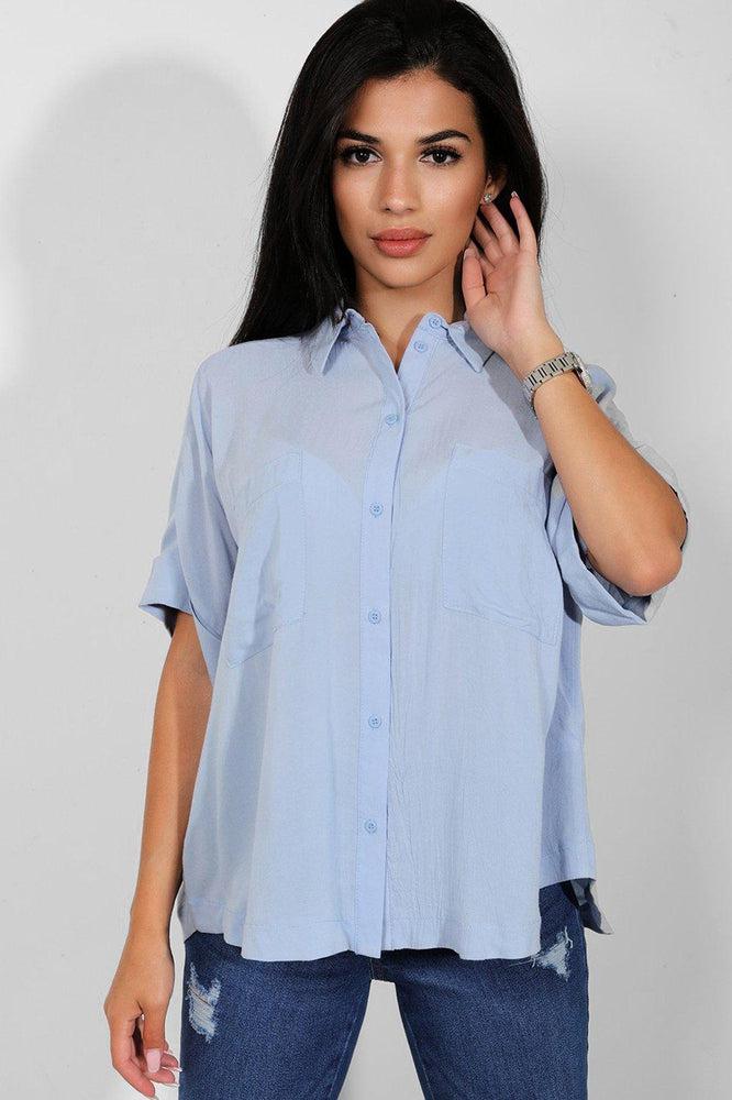 Light Blue Rolled Short Sleeves Lazy Fit Shirt-SinglePrice
