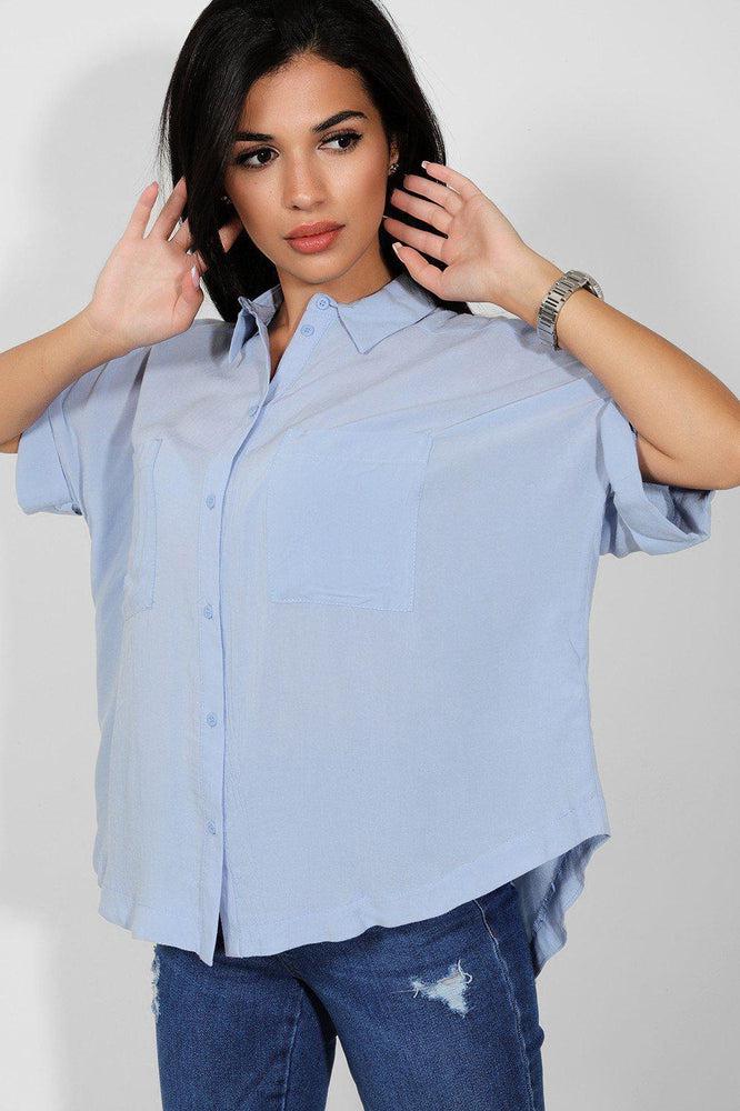 Light Blue Rolled Short Sleeves Lazy Fit Shirt-SinglePrice