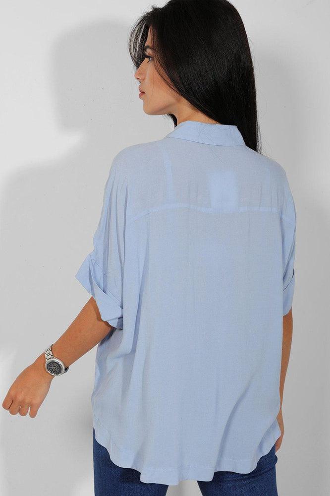 Light Blue Rolled Short Sleeves Lazy Fit Shirt-SinglePrice