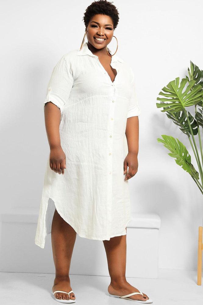 Curved Hem 100% Linen Shirt Dress-SinglePrice