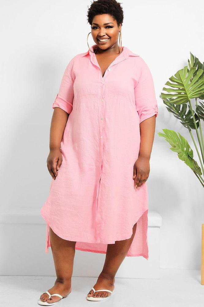 Curved Hem 100% Linen Shirt Dress-SinglePrice