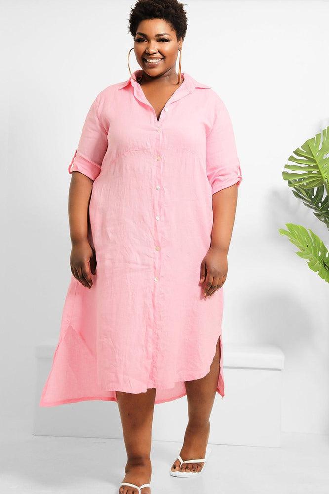 Curved Hem 100% Linen Shirt Dress-SinglePrice