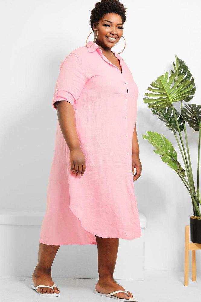 Curved Hem 100% Linen Shirt Dress-SinglePrice