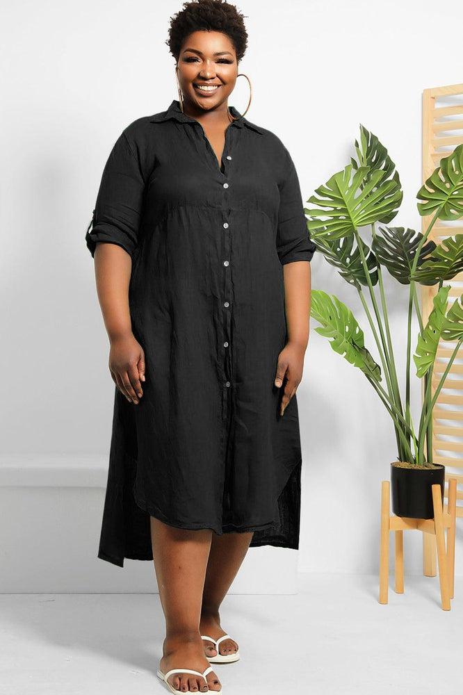 Curved Hem 100% Linen Shirt Dress-SinglePrice