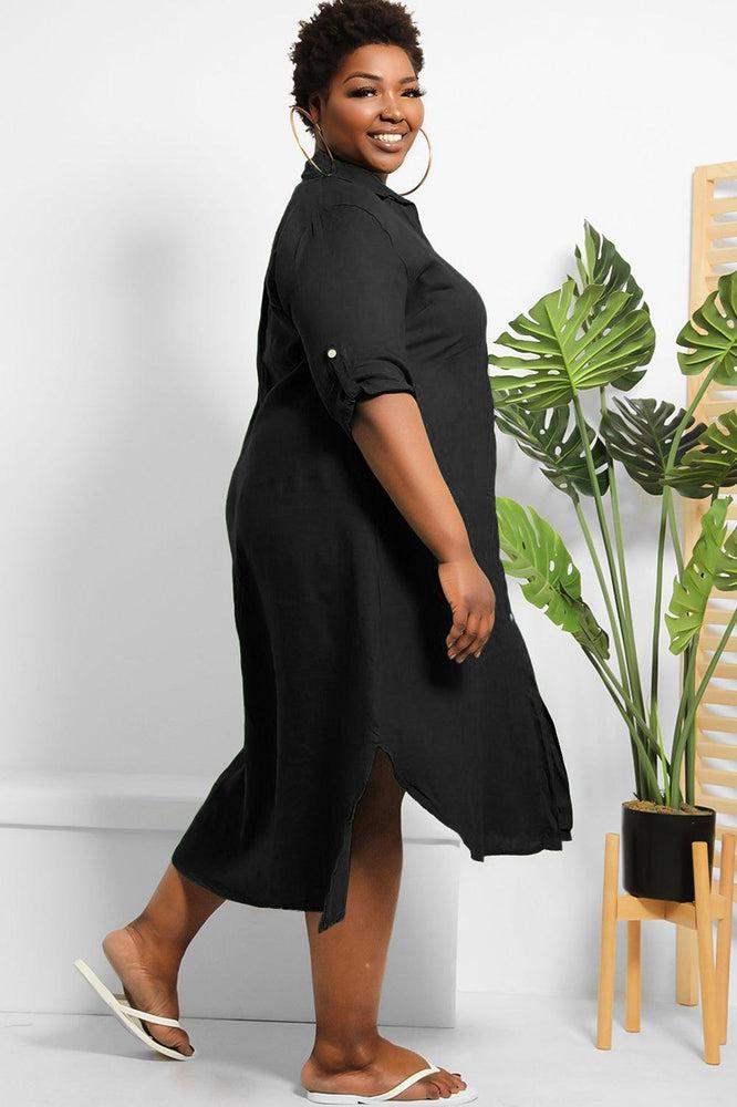 Curved Hem 100% Linen Shirt Dress-SinglePrice