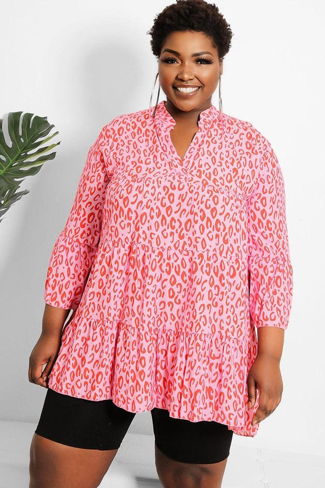 Pink Leopard Print V-Neck Tiered Dress-SinglePrice