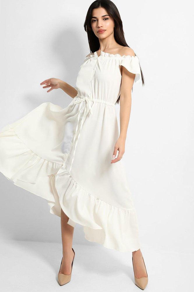 White Frilled Trims Off Shoulder Dip Hem Dress-SinglePrice
