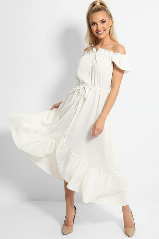 White Frilled Trims Off Shoulder Dip Hem Dress-SinglePrice