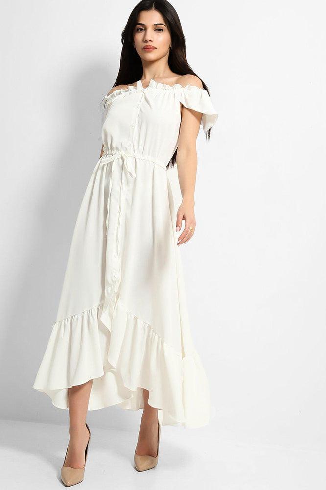 White Frilled Trims Off Shoulder Dip Hem Dress-SinglePrice