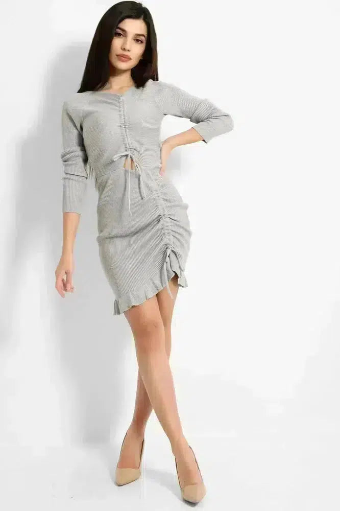 Grey Ribbed Knit Asymmetric Drawstring Details Dress-SinglePrice