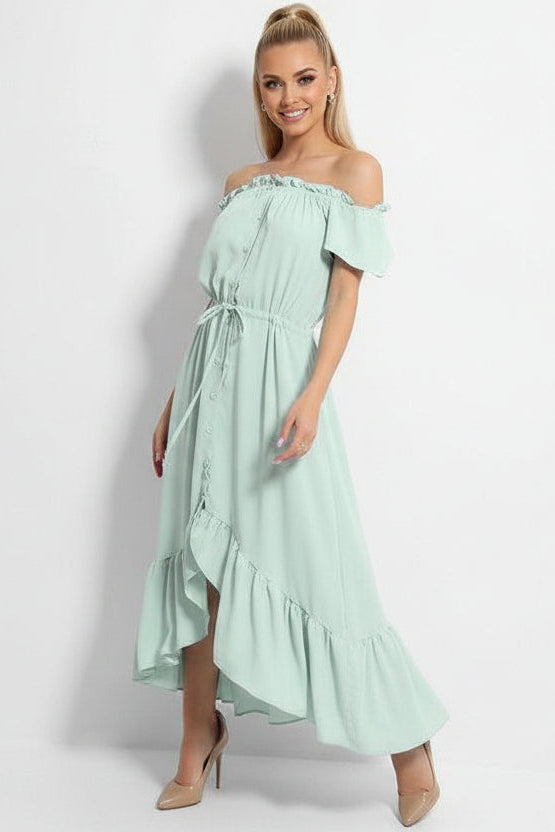 Green Frilled Trims Off Shoulder Dip Hem Dress-SinglePrice