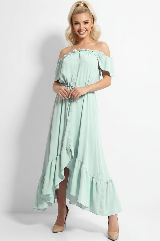 Green Frilled Trims Off Shoulder Dip Hem Dress-SinglePrice
