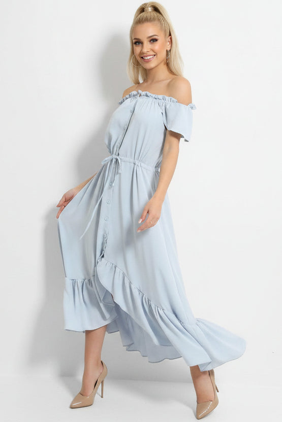 Blue Frilled Trims Off Shoulder Dip Hem Dress-SinglePrice
