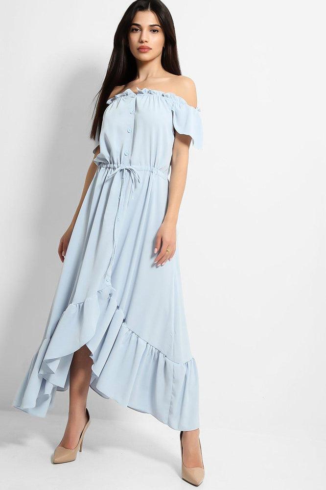 Blue Frilled Trims Off Shoulder Dip Hem Dress-SinglePrice