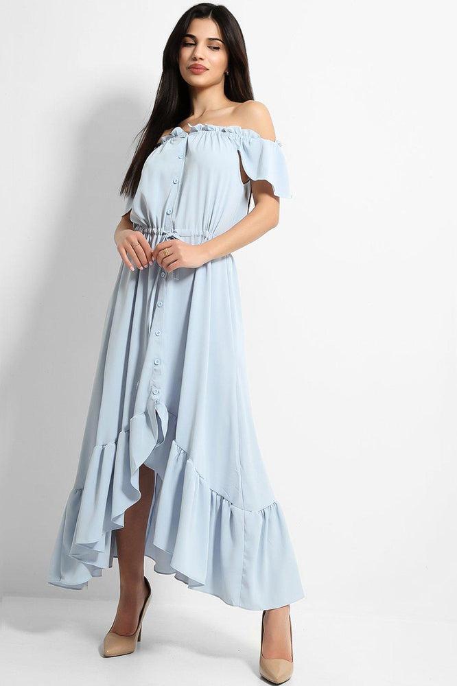 Blue Frilled Trims Off Shoulder Dip Hem Dress-SinglePrice