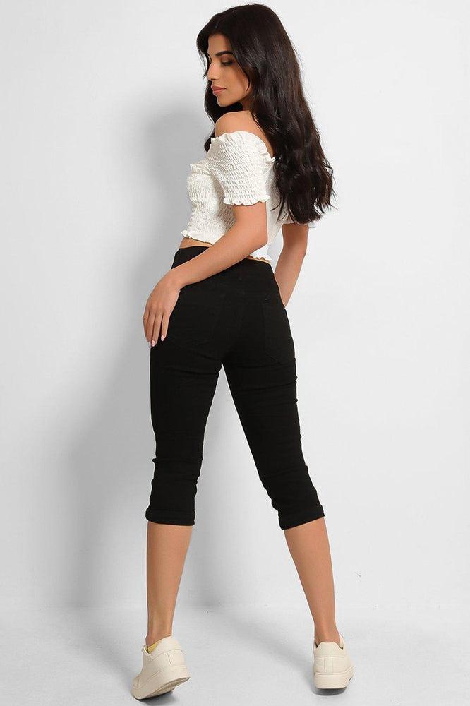 Black High-Rise Midi Denim Shorts-SinglePrice