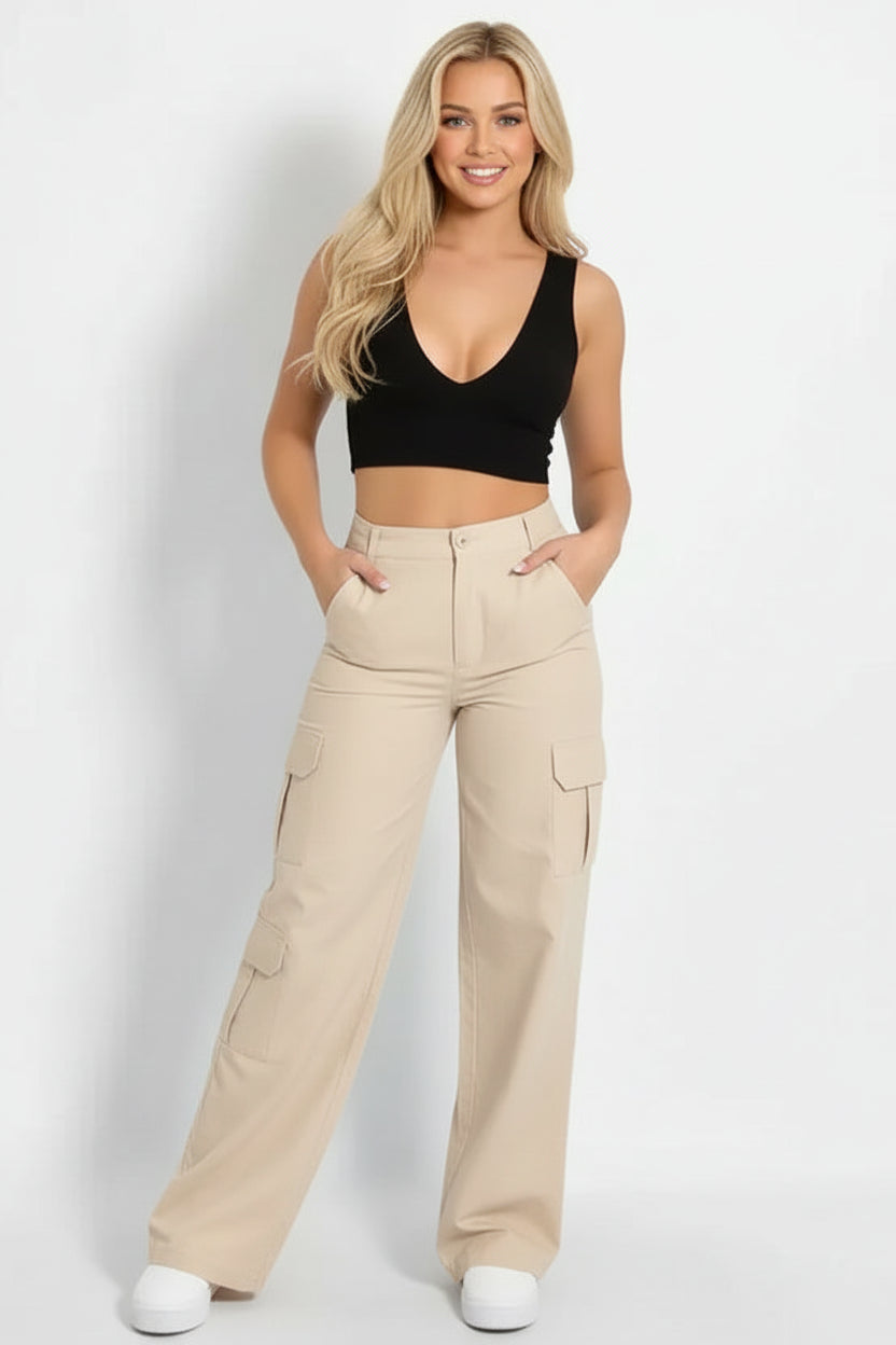 Skinny Fit Wide Leg Cargo Trousers-SinglePrice