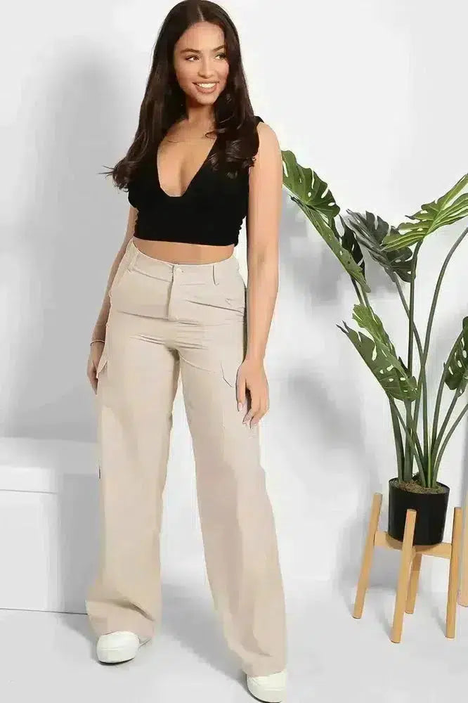 Skinny Fit Wide Leg Cargo Trousers-SinglePrice