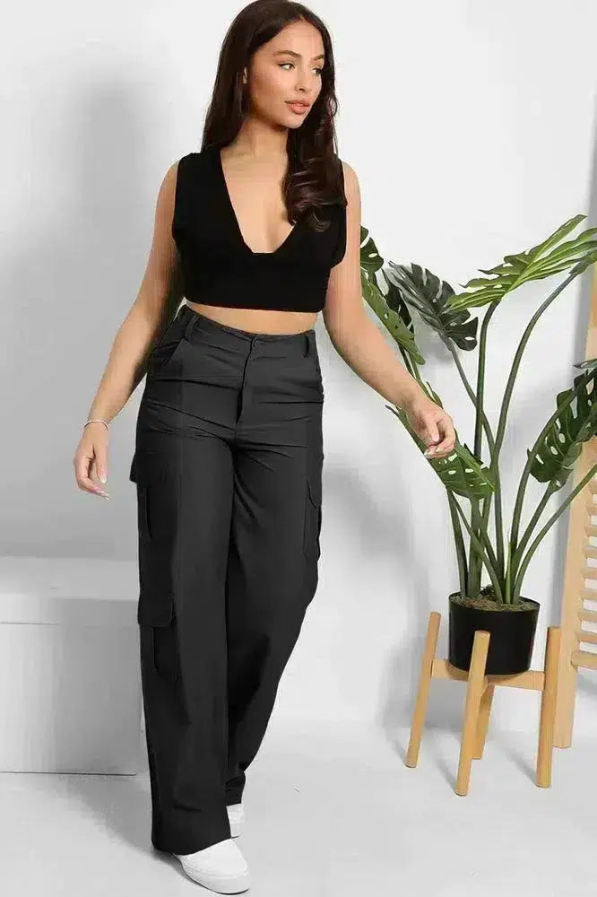 Skinny Fit Wide Leg Cargo Trousers-SinglePrice