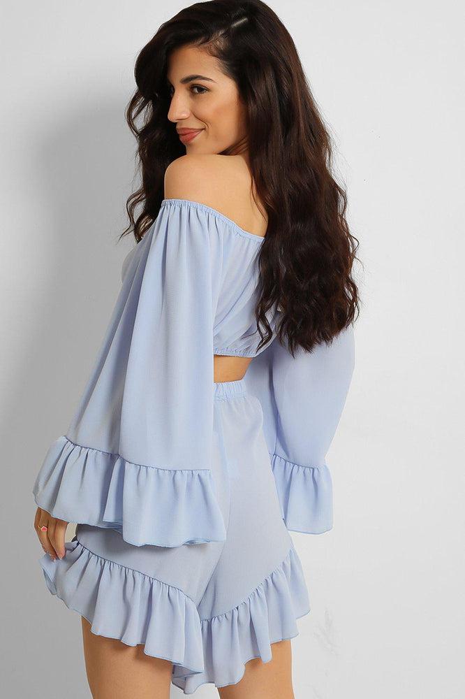 Blue Frill Trim Off Shoulder Crop Top Shorts Set-SinglePrice