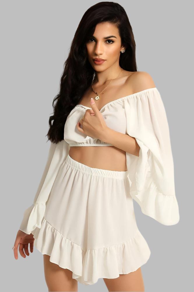 White Frill Trim Off Shoulder Crop Top Shorts Set-SinglePrice