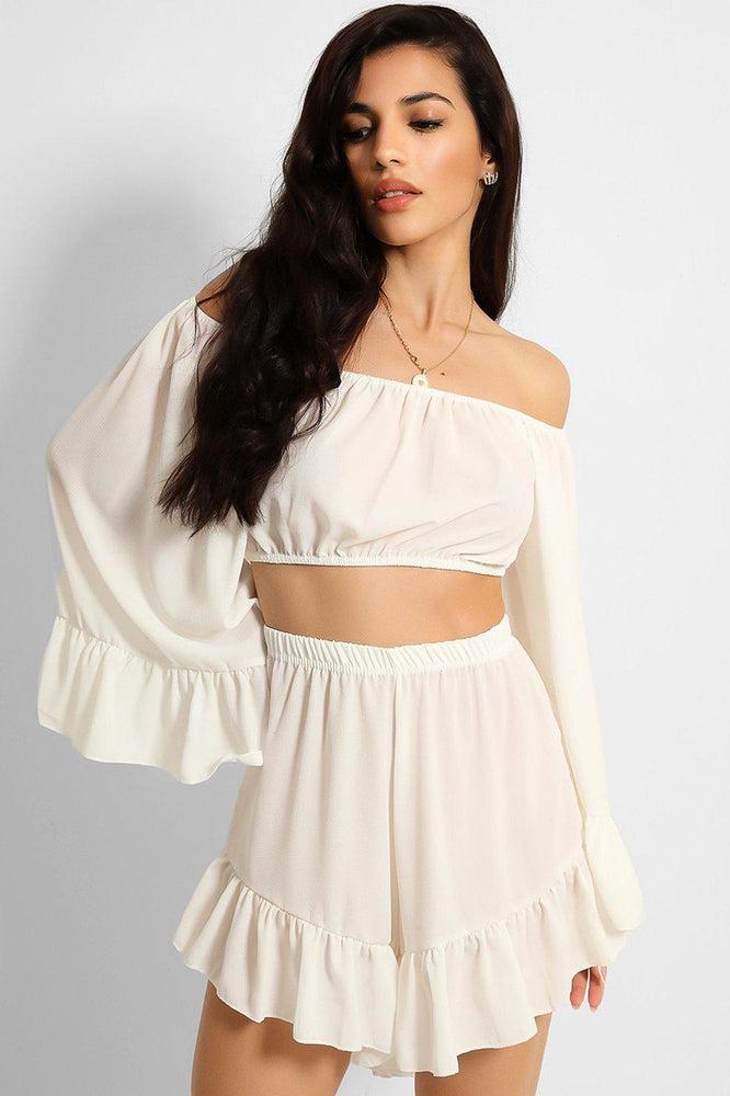 White Frill Trim Off Shoulder Crop Top Shorts Set-SinglePrice