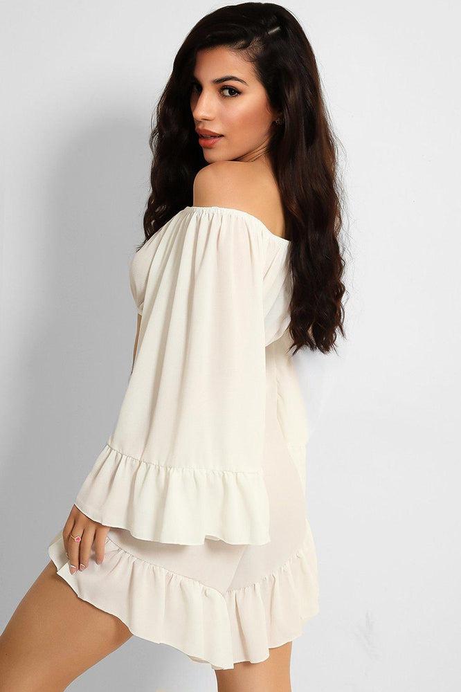 White Frill Trim Off Shoulder Crop Top Shorts Set-SinglePrice