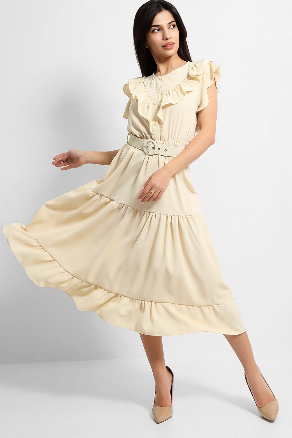 Frilled Belted Midi Dress